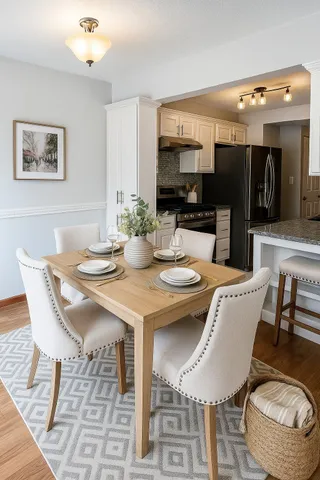 a view of a dining room with furniture