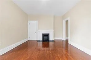 a view of a livingroom with wooden floor and a fireplace