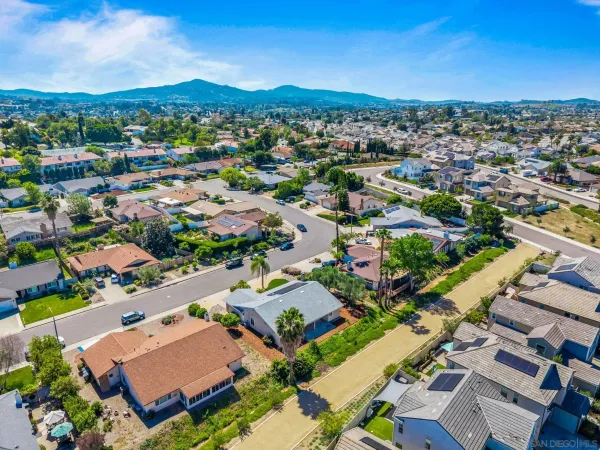 an aerial view of residential houses with outdoor space