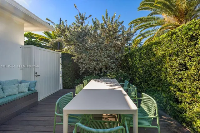 a backyard of a house with table and chairs