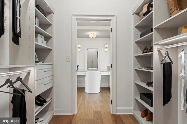a view of walk in closet with empty racks