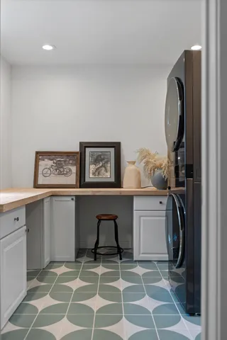 a view of a wooden house with a mountain view