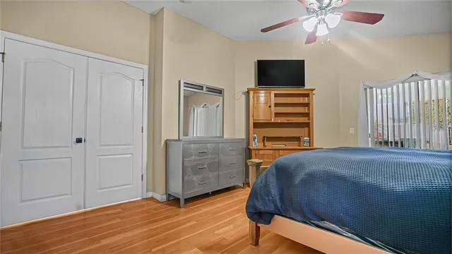 a bathroom with a glass shower door