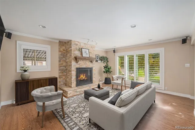 a living room with furniture and a fireplace