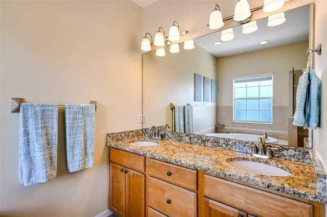 a bathroom with a granite countertop double vanity sink and a mirror
