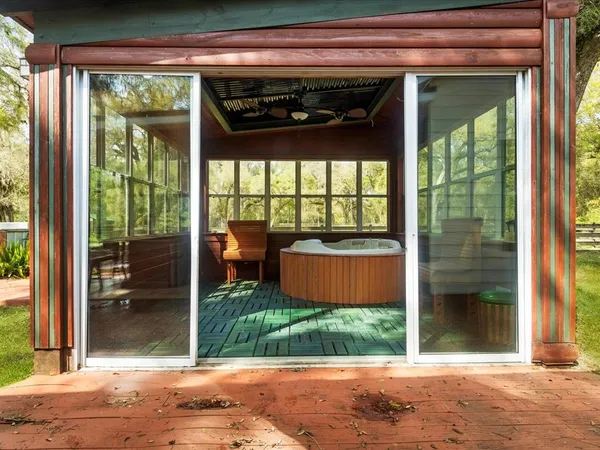 a table and chairs in a balcony
