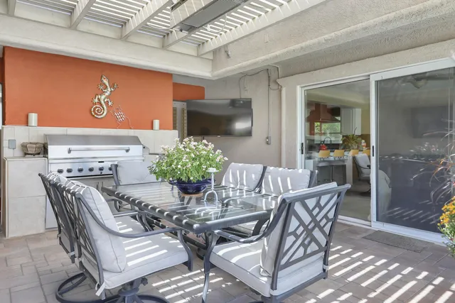 a view of a dining room with furniture