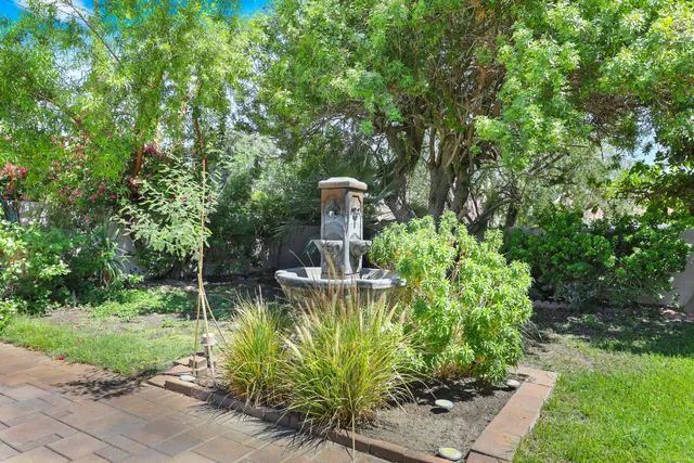 a view of a garden with a fountain