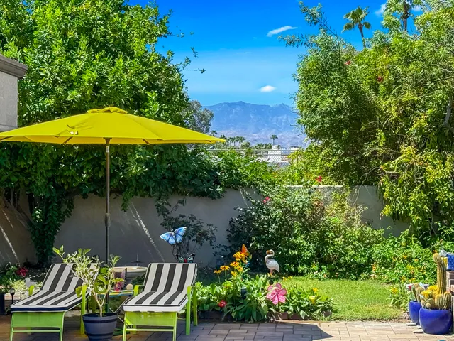 a view of a chair and table in the garden