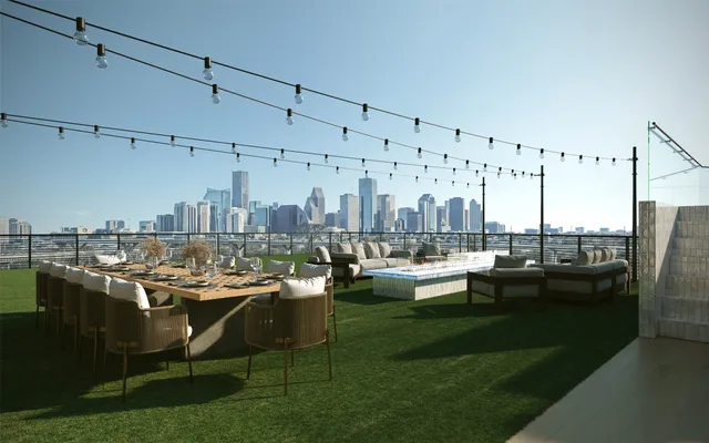 a view of a terrace with chairs and couches with wooden floor