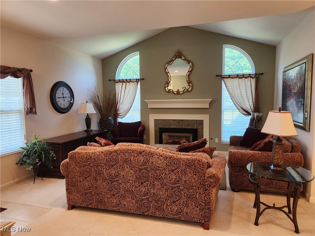 5645 Clingan Road, Unit 18A Struthers, OH 44471 - Photo 5 of 38 Great room with light colored carpet, vaulted ceiling, and a gas fireplace