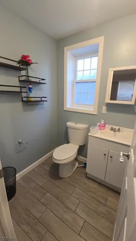 a bathroom with a sink mirror and toilet