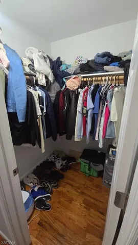 a view of walk in closet with clothes and shoes