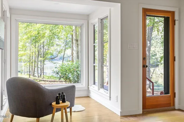 a view of a deck with wooden floor