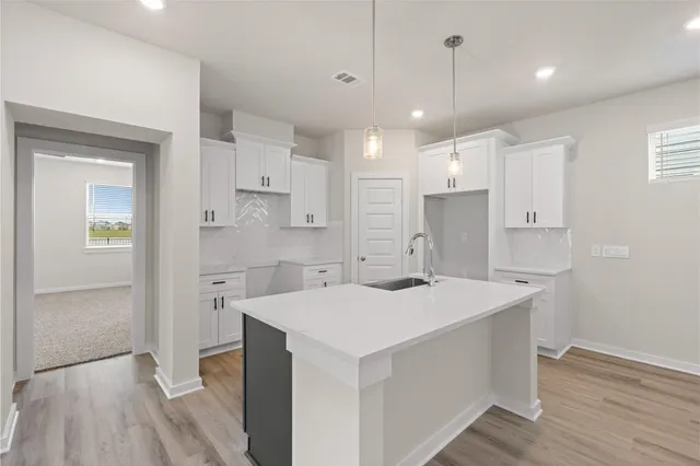 a kitchen with a sink appliances and cabinets