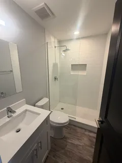 a bathroom with a sink a toilet and shower