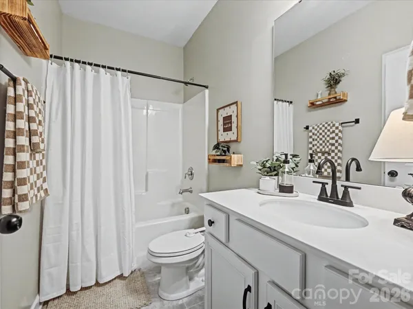 a bathroom with a sink a toilet and shower curtain