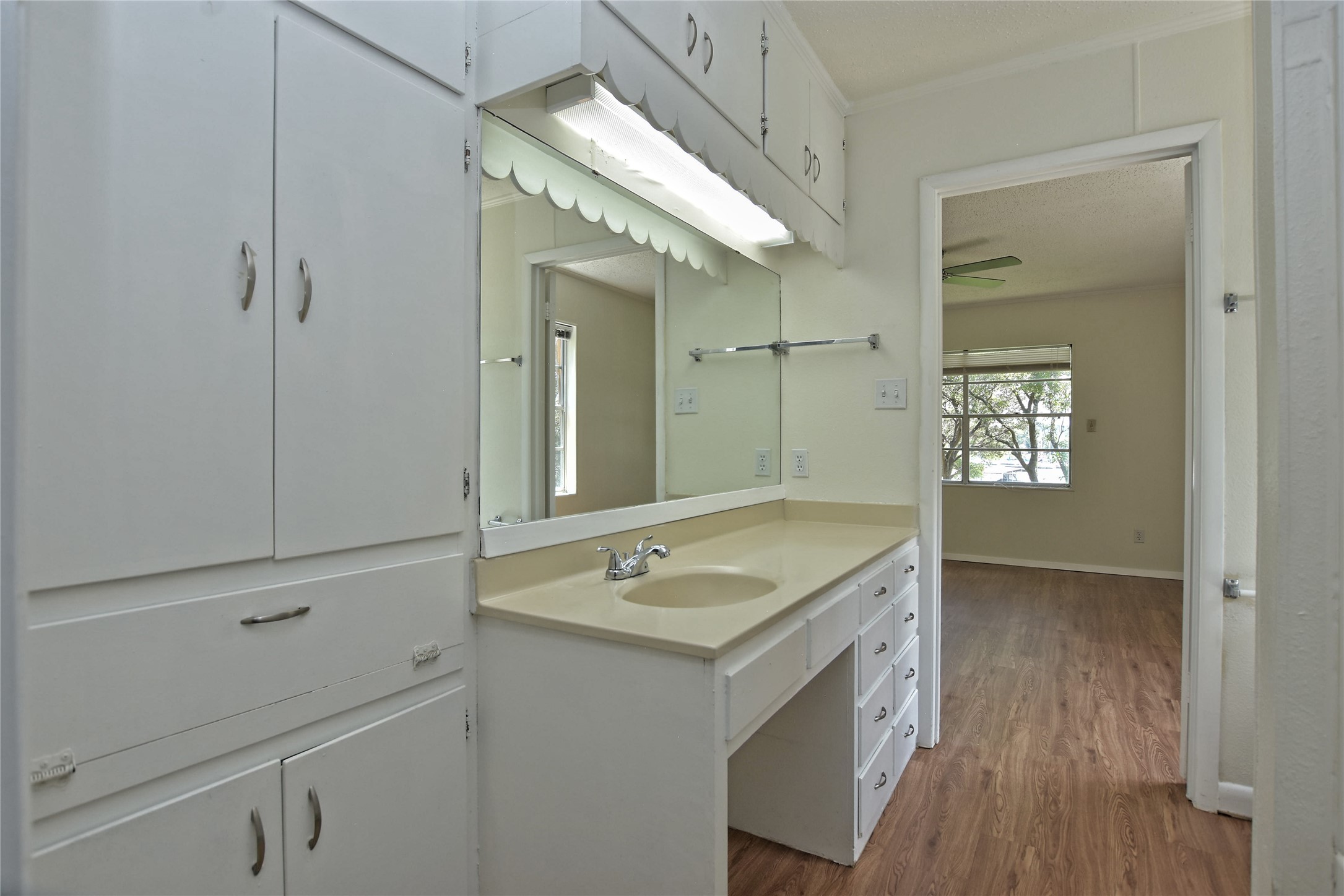 16013 Edwards Drive Austin, TX 78734 - Photo 17 of 30 Bathroom with dark wood-type flooring, vanity, and ornamental molding