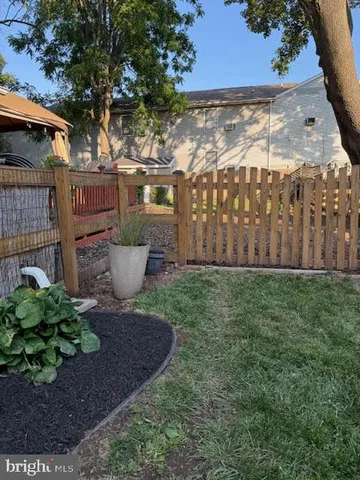 a view of a backyard with plants and large trees