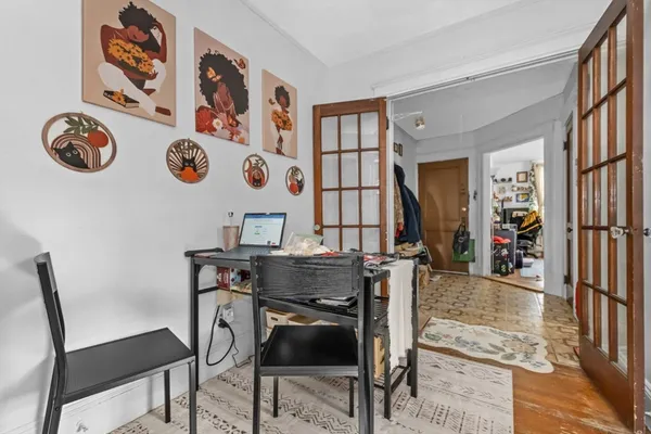 a view of a dining room with furniture