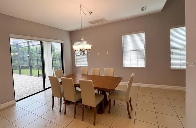 a view of a dining room with furniture and window