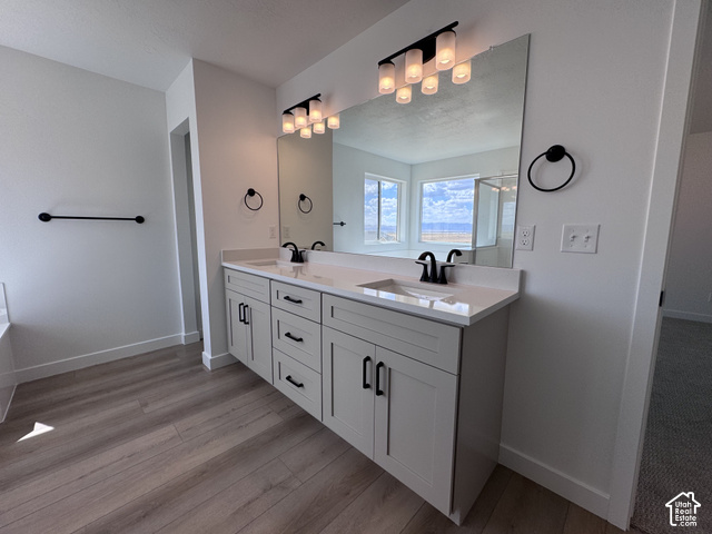2633 Scarlet Road, Unit 259 Eagle Mountain, UT 84005 - Photo 17 of 29 Dual vanity with white countertop and integrated sinks, matte black fixtures, wood-finish flooring, and wall-mounted lighting