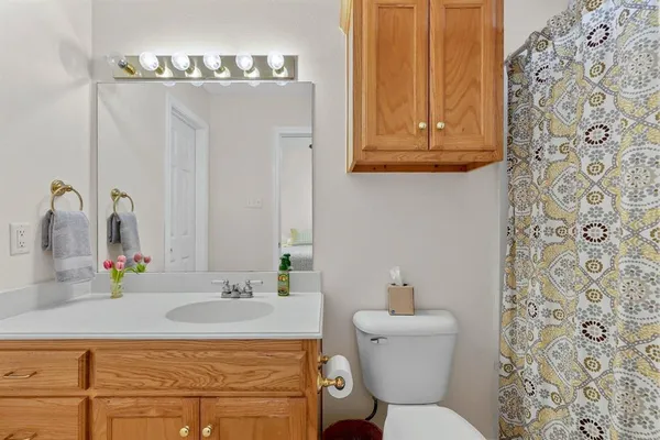 a bathroom with a sink a toilet and a mirror