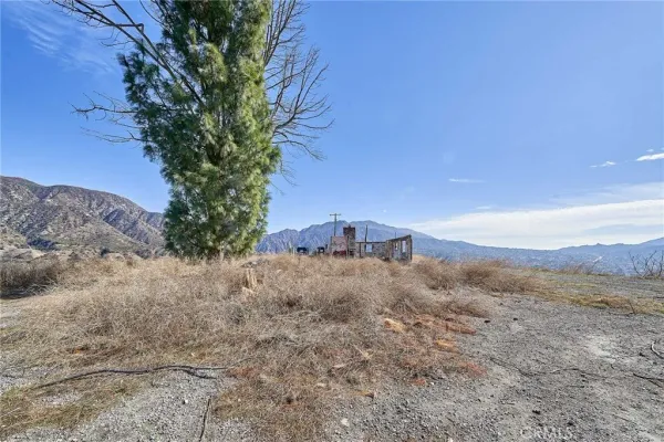 a view of a dry yard with mountains in the background