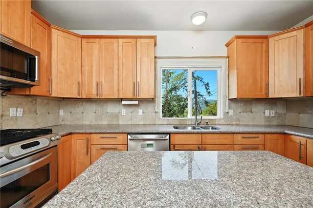 a kitchen with stainless steel appliances granite countertop a stove a sink and a microwave