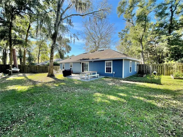 a garden view with a bench