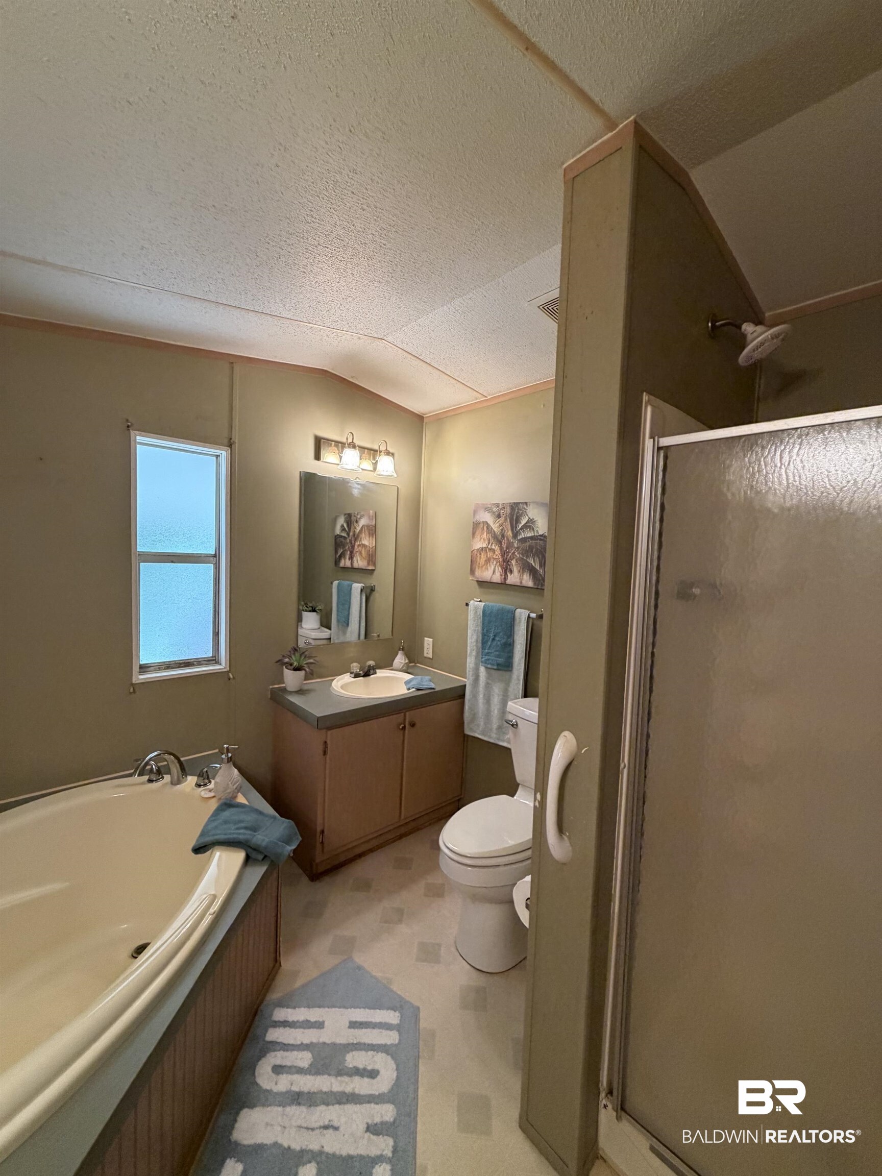 1125 Ridgewood Drive Lillian, AL 36549 - Photo 10 of 36 Bathroom featuring a built-in tub, separate shower enclosure, vanity with integrated sink, wall-mounted mirror, and overhead lighting fixture
