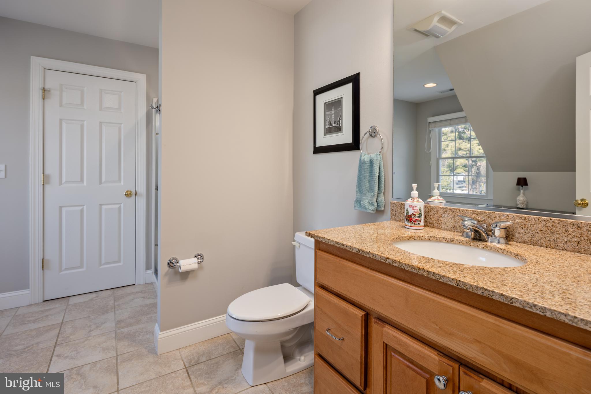 115 Cedar Road Chester, MD 21619 - Photo 40 of 71 a bathroom with a granite countertop toilet a sink and mirror