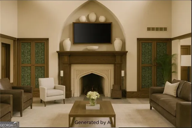 a living room with furniture rug and window