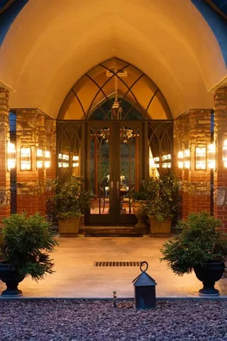 a front view of a residential apartment building with entryway