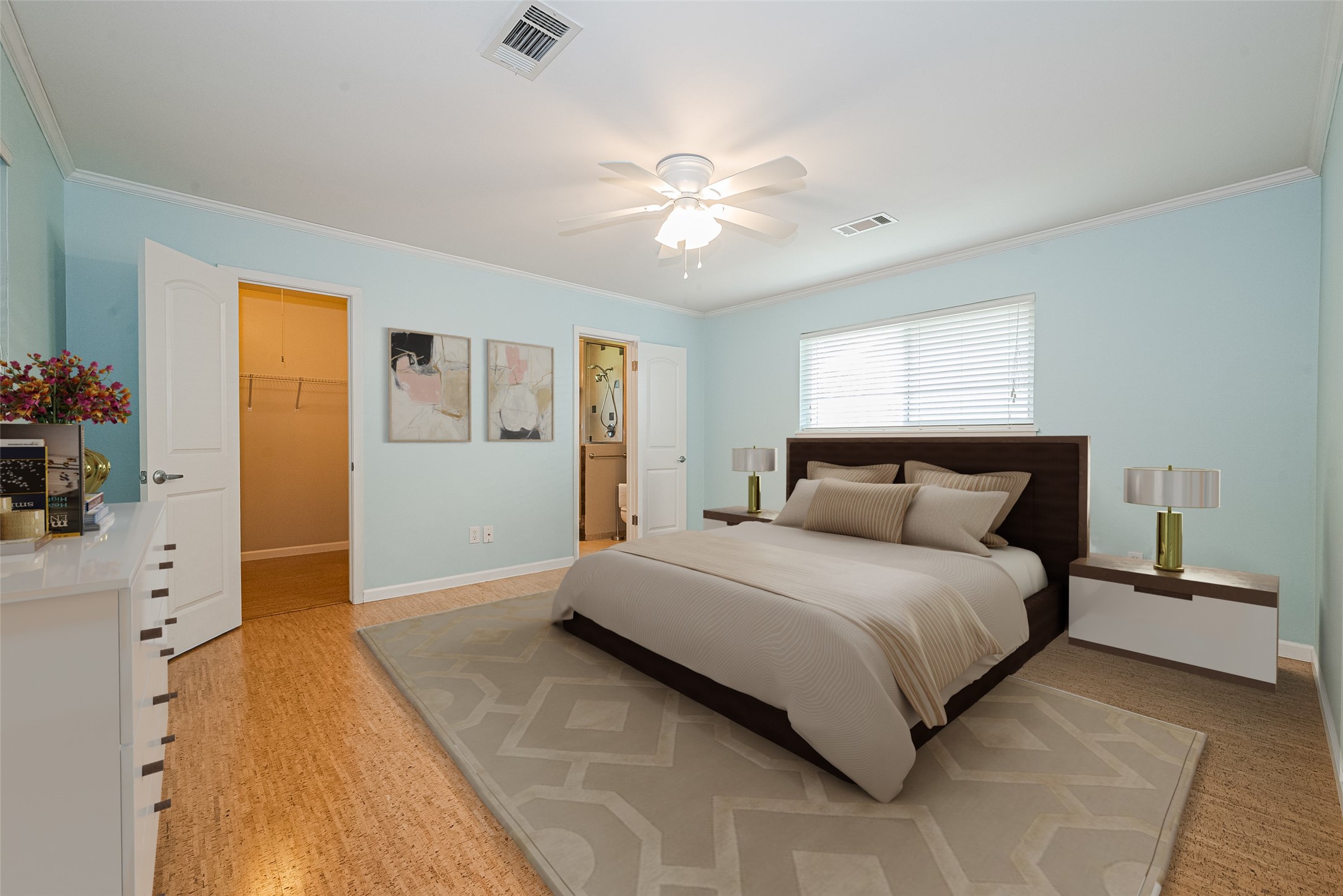 4834 Sanford Road Houston, TX 77035 - Photo 29 of 46 a bedroom with a large bed and a chandelier