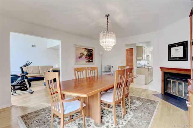 a view of a dining room with furniture a rug and wooden floor