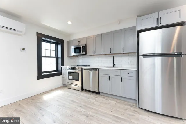a kitchen with stainless steel appliances a refrigerator sink and cabinets