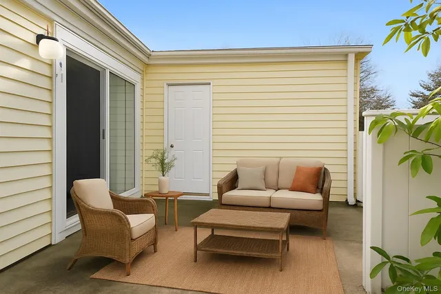 a view of a patio with couches and a potted plant