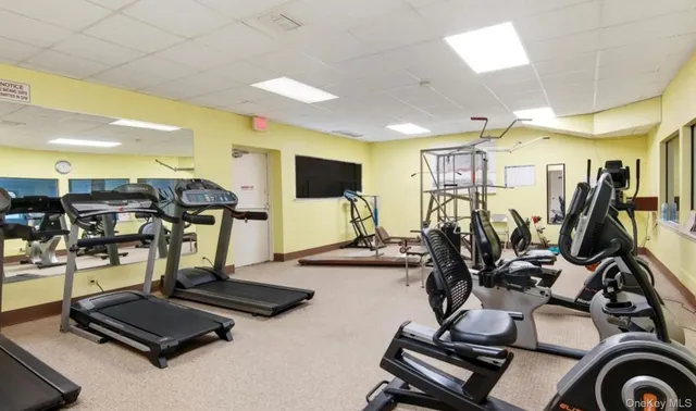 a room with gym equipment and a large window