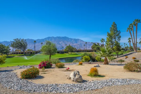a view of a golf course with a garden