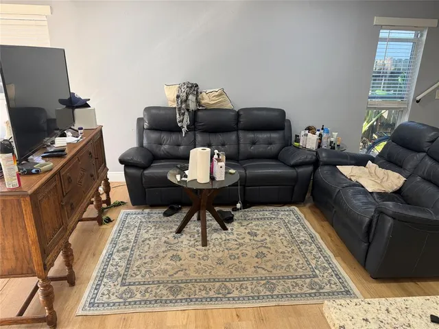 a living room with furniture and a rug