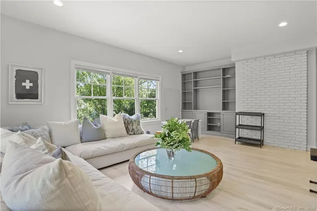 a living room with furniture and a potted plant