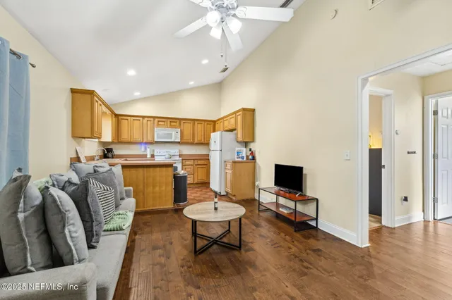 a garage with table and chairs