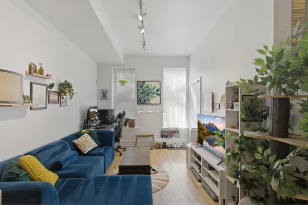 a living room with furniture fireplace and a potted plant