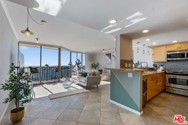 a living room with furniture a potted plant and kitchen view