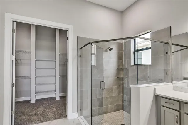 a bathroom with a shower and a sink