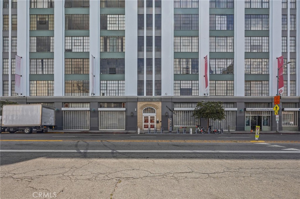 a view of a building and a street