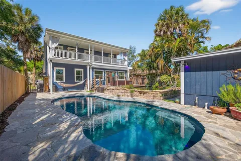 front view of a house with a patio