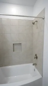 a bathroom with a bathtub