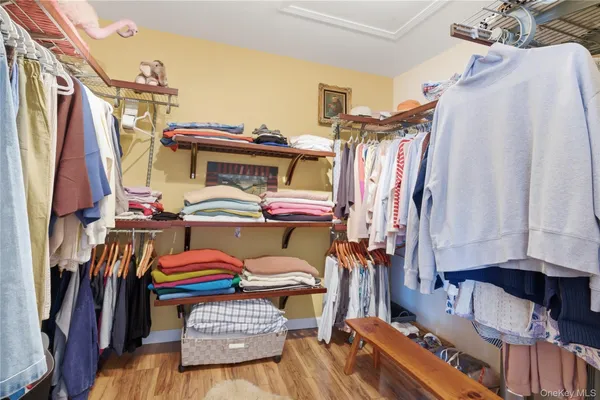 a view of walk in closet with clothes and shoes